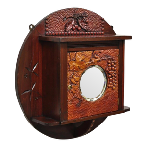 Antique Victorian Black Forest Carved Round Wall Mirror Curio Cabinet