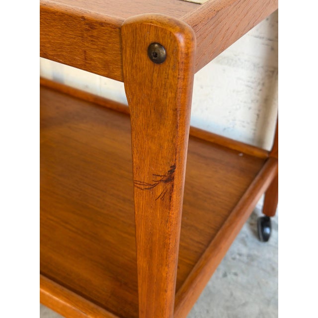 Teak Tile-Top Rolling Bar Cart Danish Mid-Century Modern Tea Trolley 1960s For Sale - Image 10 of 11
