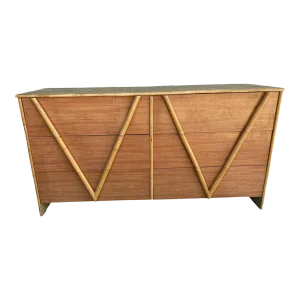 Restored Vintage 1950s Teak and Rice Mat "V" Lowboy Dresser With Rattan