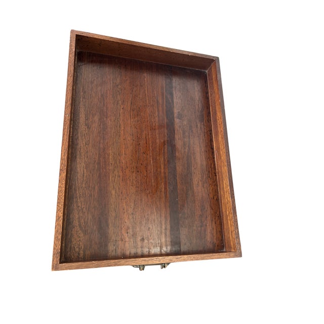 Vintage Campaign-Style Butler’s Tray Table – Mahogany Folding X-Frame With Brass Hardware, Removable Serving Tray For Sale - Image 10 of 12