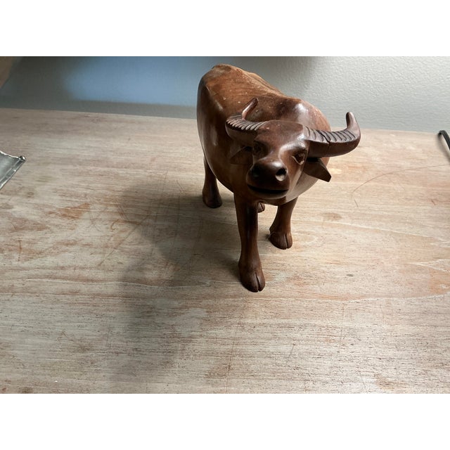 Mid-Century Modern Vintage Hand Carved Wooden Sculpture of an Asian Water Buffalo For Sale - Image 3 of 8