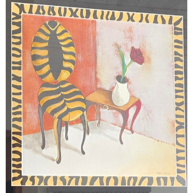 Striking vintage signed framed artwork featuring a bold zebra-striped chair motif paired with an elegant side table and...