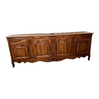 Late 20th Century Carved French Buffet With 4 Doors, Adjustable Shelves, 2 Drawers, and Original Key. For Sale