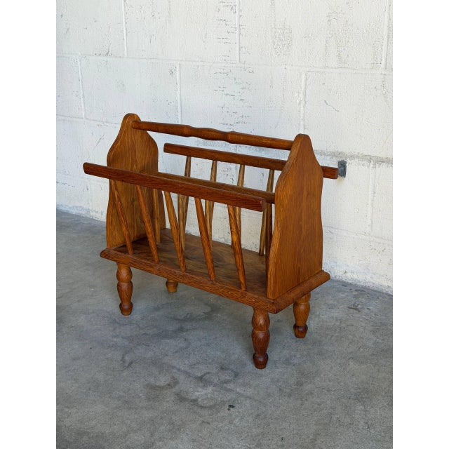 Vintage Oak Magazine Holder Standing Rack Newspaper Storage Floor Stand 1970s For Sale In Los Angeles - Image 6 of 10