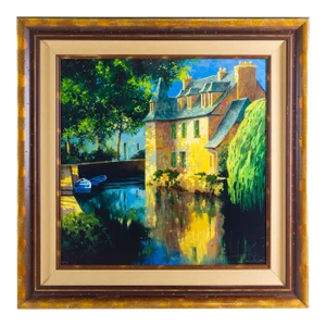 Framed Oil on Canvas House and Boat Painting