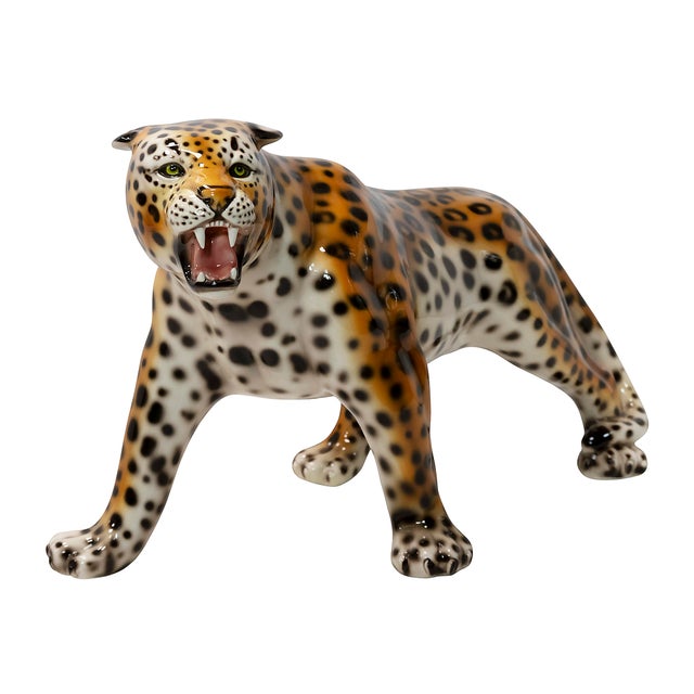 Vintage Italian ceramic leopard sculpture, from 1980's. Hand crafted sculpture of sneaking leopard is created in glazed...