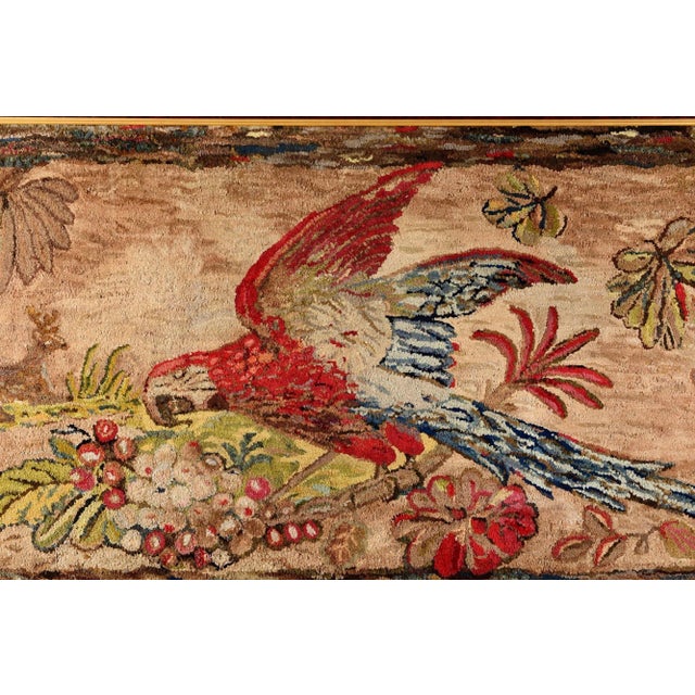 American Antique American Large Framed Scarlet Macaw Hand Hooked Rug For Sale - Image 3 of 10