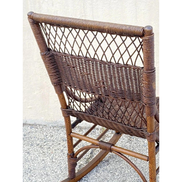 Brown Antique Victorian Wicker and Rattan Wooden Small Rocking Chair Rocker For Sale - Image 8 of 12