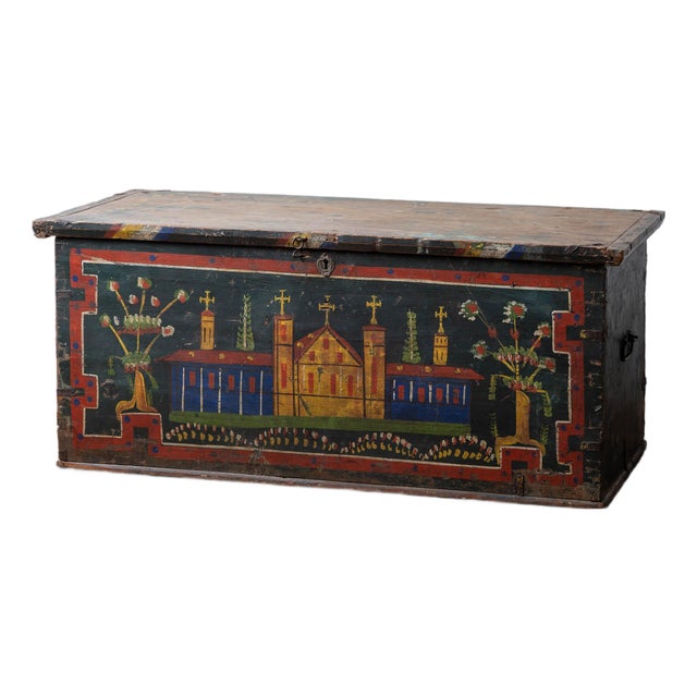 Romanian Painted Blanket Chest With Church Motif, c.1900 For Sale