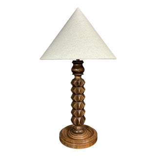 Brutalist French Wood Turned Table Lamp by Charles Dudouyt, 1940s For Sale