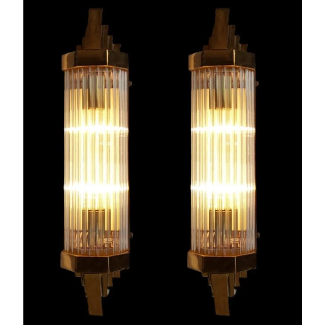 Pair Vintage 1940s Art Deco Skyscraper Wall Sconces Fixture Brass & Glass Rod Ship Light For Sale - Image 4 of 6