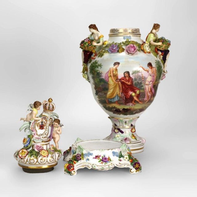 White Large German Dresden Figural, Scenic & Floral Lidded Porcelain Palace Urn C1880 For Sale - Image 8 of 18