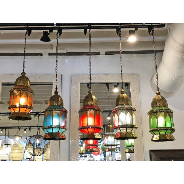 Vintage Moorish Indian Brass & Turquoise Glass Pendant Light For Sale - Image 4 of 6