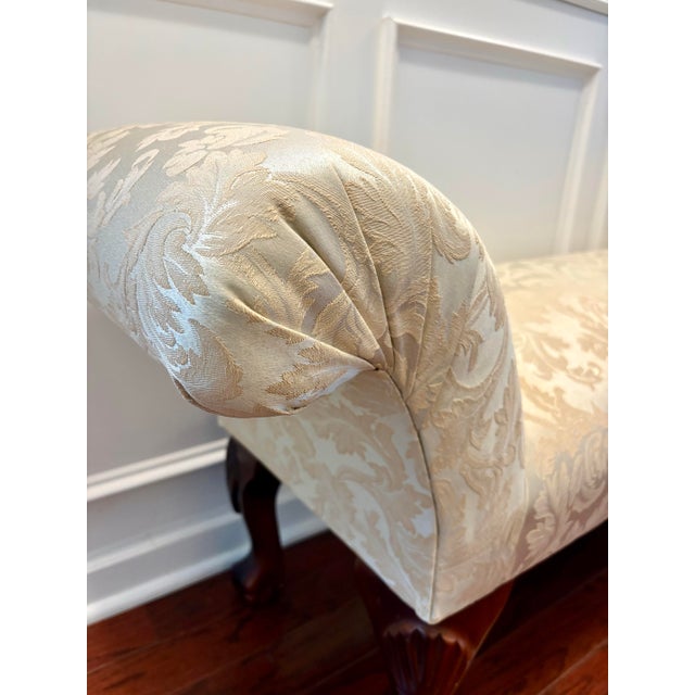 Vintage Carved Wood Damask Upholstered Settee / Bench – 62” For Sale - Image 9 of 9