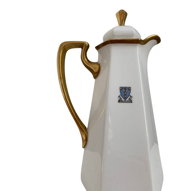 Blue Antique Bernardaud Limoges “Ye Canterbury” Armorial Gilt Porcelain Coffee Pot For Sale - Image 8 of 9