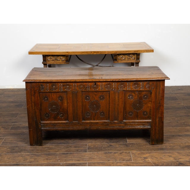 17th Century Late 17th Century English Oak Wedding Coffer with Monogram and Carved Rosettes For Sale - Image 5 of 12