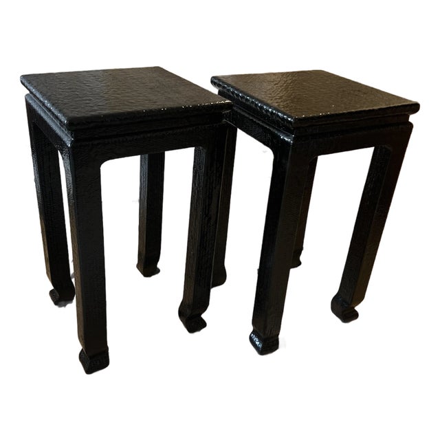 Vintage Black Baker Style Lacquered Textured Grasscloth Covered Drink Tables- A Pair For Sale