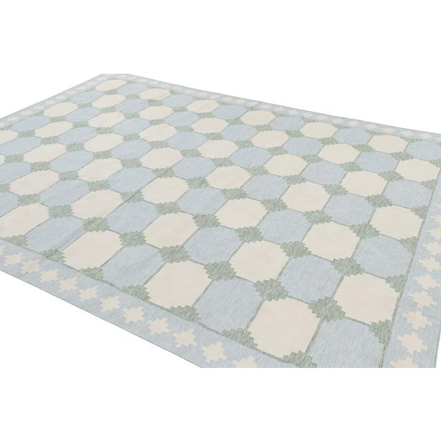 Rug & Kilim Rug & Kilim’s Contemporary Dhurrie in Blue With Teal and Cream Geometric Patterns For Sale - Image 4 of 7