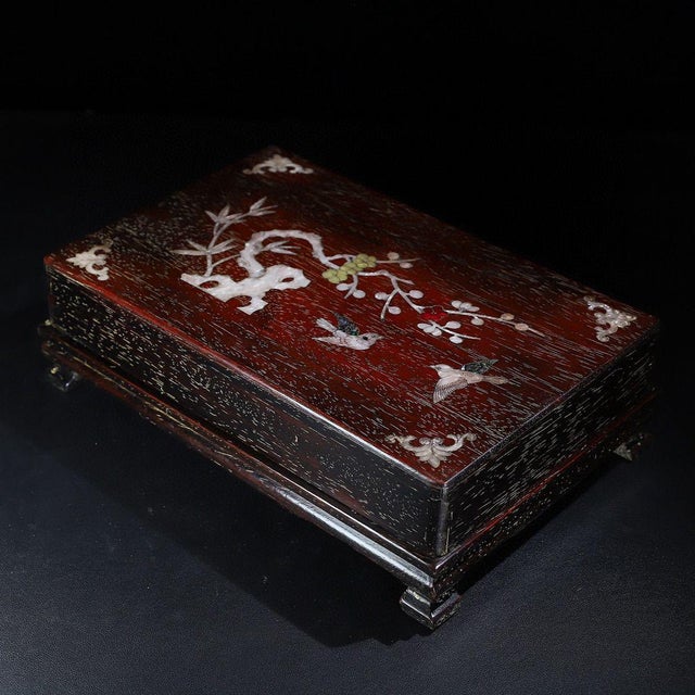 Antique Zitan Wood Box With Mother-of-Pearl Bird and Flower Inlay For Sale - Image 9 of 10