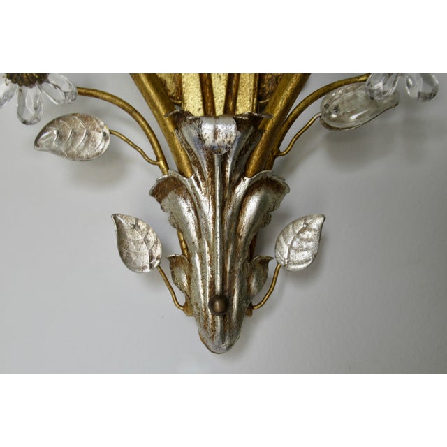 Early 20th Century Banci Gilt & Silvered Bronze Sconces, Italian With Rock Crystal Floral Motif Design -Pair For Sale - Image 17 of 18
