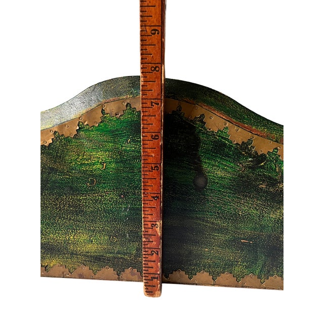 Mid-Century Florentine-Style Artisan-Made Painted Green Wood & Brass Demilune Wall Console Shelf With Stylized Fish Bracket For Sale - Image 9 of 10