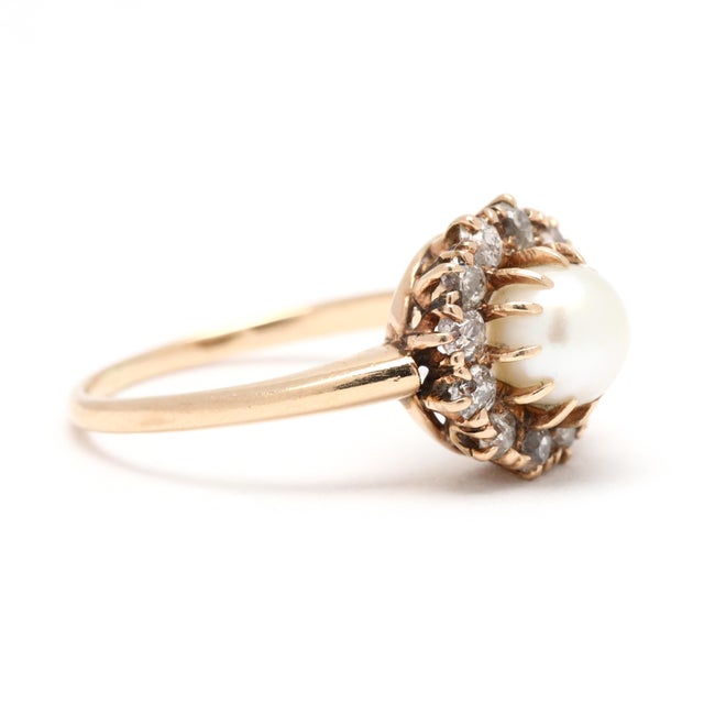 Stones: cultured pearl, 1 stone round bead 5.4 mm diamonds, 12 stones old European cut 1.75 mm approximately .25 total...