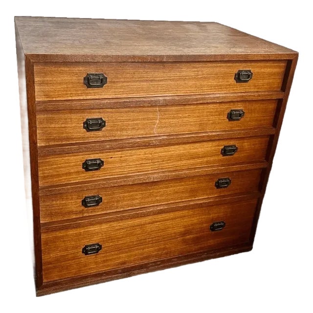 Vintage Mid-Century Modern Teak 5-Drawer Chest With Brass Drop Handles For Sale