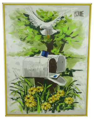 Mid-Century Modern Oil Painting Featuring Mailboxes, Bird, and Foliage by Robert McCaine