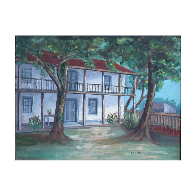 A simple and stately home is the focus of this beautiful painting titled "In an Old Spanish Garden" by Florence Nuez...