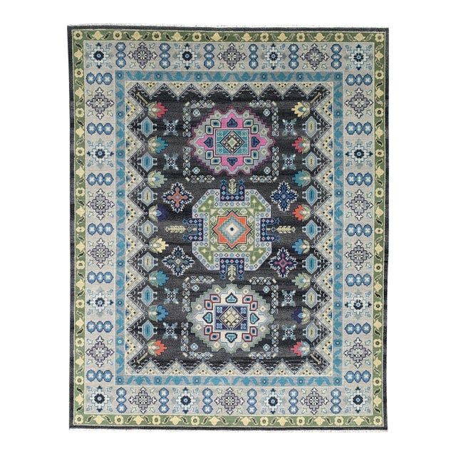 9x12 Maya Kazak Charcoal Traditional Geometric Hand Knotted Wool Carpet Rug For Sale