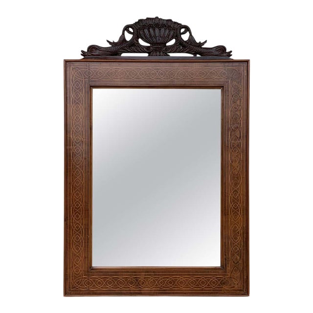Antique Geometrical Marquetry Inlaid Mahogany Mirror With Ebonized Carved Crest For Sale