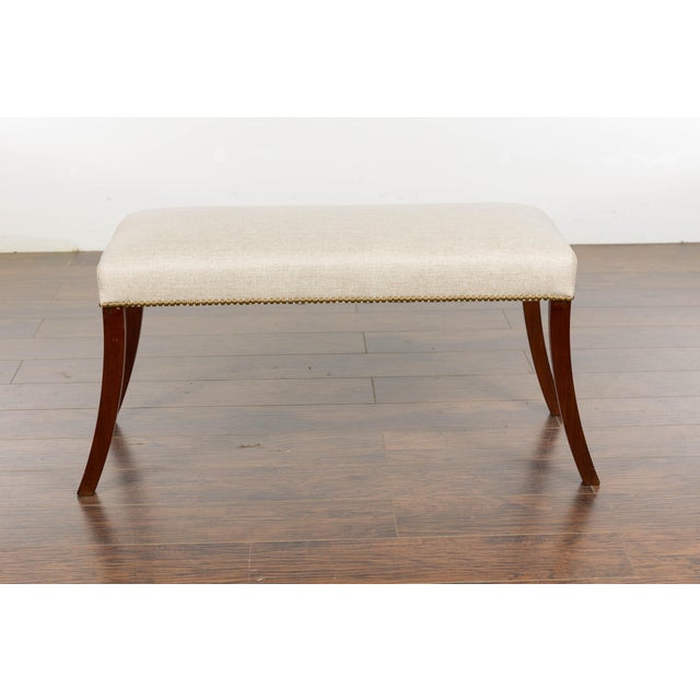 19th Century English Regency Bench with Saber Legs and Custom Linen Upholstery For Sale - Image 4 of 12