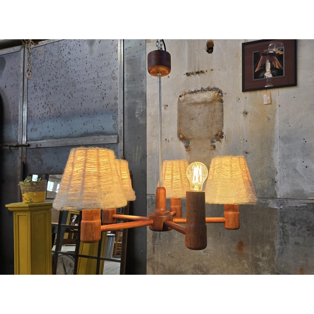Brown Vintage Teak and Wool 5-Arm Ceiling Light from Domus, Germany, 1970s For Sale - Image 8 of 17