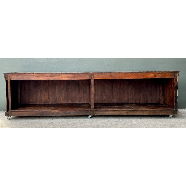 Brown Vintage Wood Industrial Long Counter For Sale - Image 8 of 13