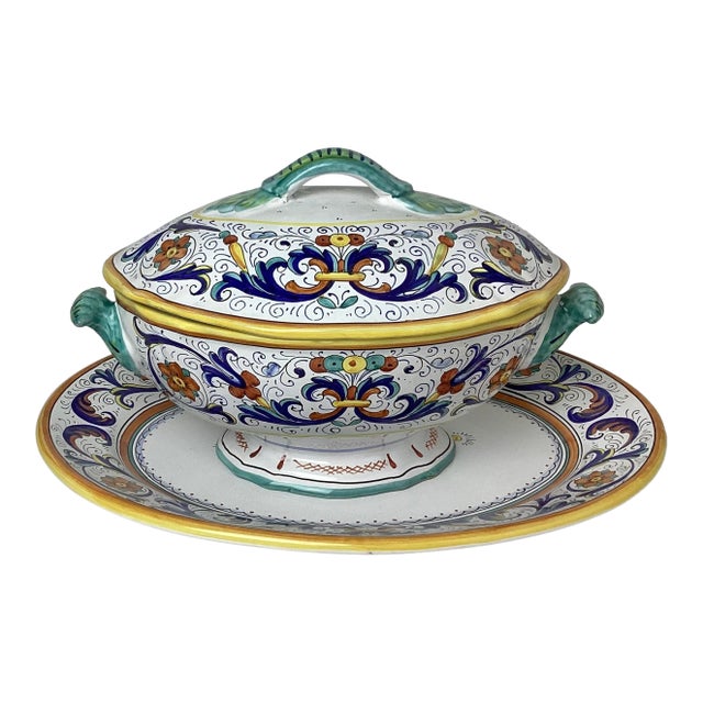 Vintage Italian Multi ColoredCeramic Covered Serving Dish With Under Plate Sherman Deruta For Sale