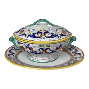 Vintage Italian Multi ColoredCeramic Covered Serving Dish With Under Plate Sherman Deruta