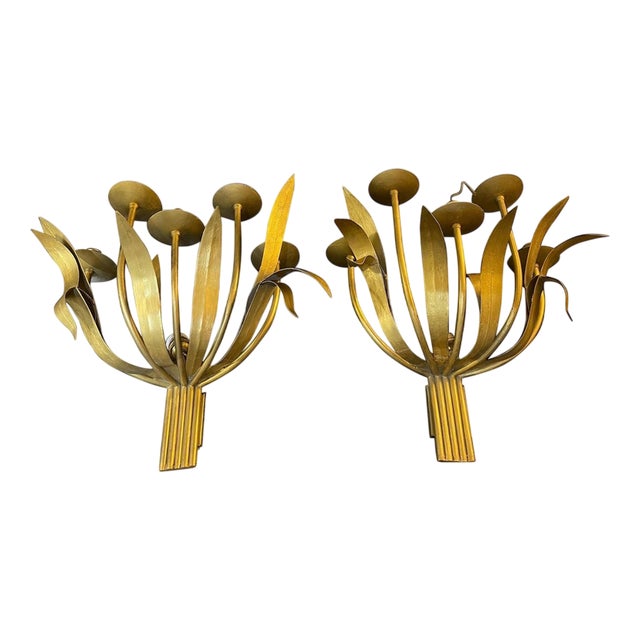 Large Florentine Gilt Metal Wall Lights, Italy, 1950s, Set of 2 For Sale