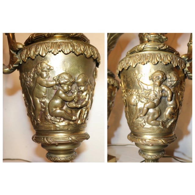 19th Century Huge Pair of 1800's Antique Gilt Bronze Figural Cherub Ewer Urn Vase Table Lamps For Sale - Image 5 of 12