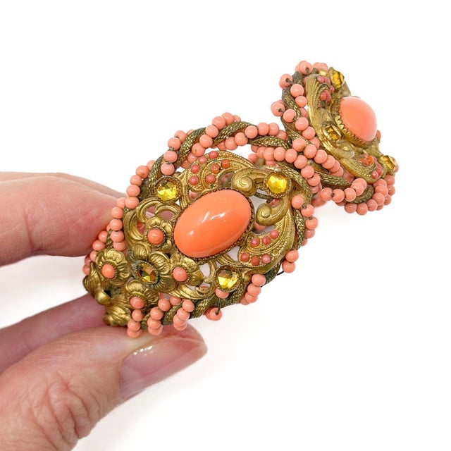 Vintage Coral Glass and Yellow Rhinestone Clamper Cuff, 1940 For Sale - Image 10 of 11
