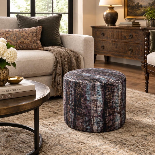 Abstract Round Ottoman Footstool Made in Usa Designer Abstract Fabric Accent Stool 21"x17 For Sale - Image 3 of 8