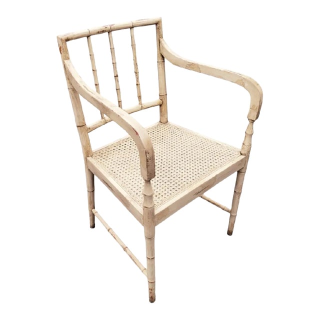 Vintage Distressed Faux Bamboo Cane Seat Tan Side Arm Chair For Sale