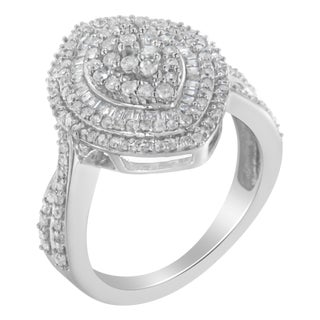 .925 Sterling Silver 1.0 Cttw Round & Baguette-Cut Diamond Marquise-Shaped Cluster Triple Stepped Halo Cocktail Fashion Ring - Size 6-1/2 For Sale