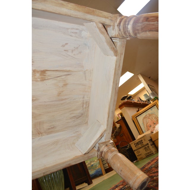 1980s Rustic Carved Panel Tan Wood Coffee Table W/ Aqua / Brown Bleached Indian For Sale - Image 9 of 16