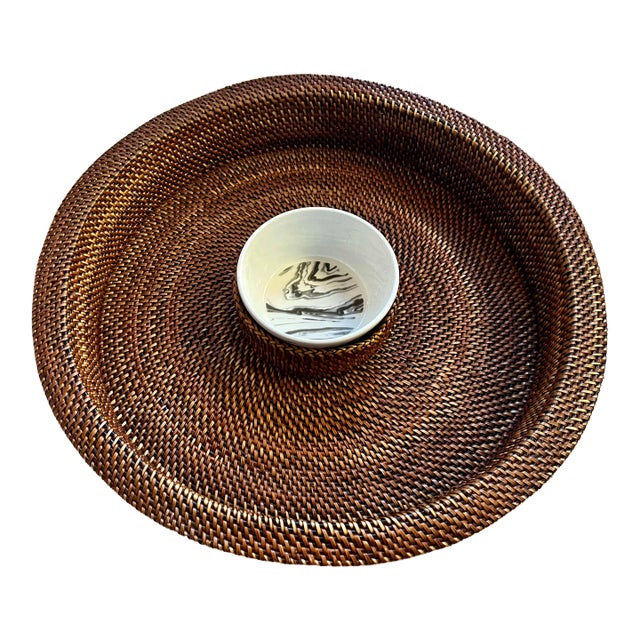 Woven Brown Rattan Chip & Dip Serving Basket For Sale