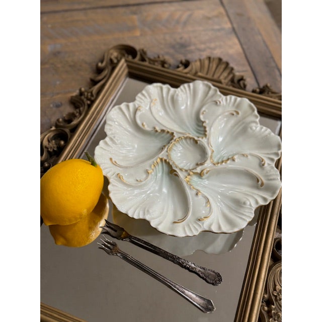 Antique French Limoges Oyster Plates - Matched Pair With Gilt Detail, Early 20th Century For Sale In Sacramento - Image 6 of 10