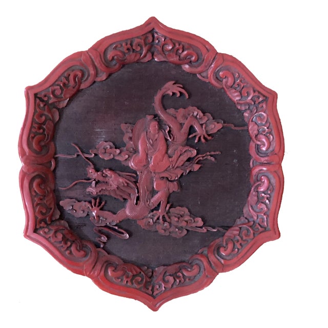 Antique Chinese Red Cinnabar Lacquer Scalloped Dragon Plate With Calligraphy Marks For Sale