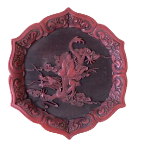 Antique Chinese Red Cinnabar Lacquer Scalloped Dragon Plate With Calligraphy Marks