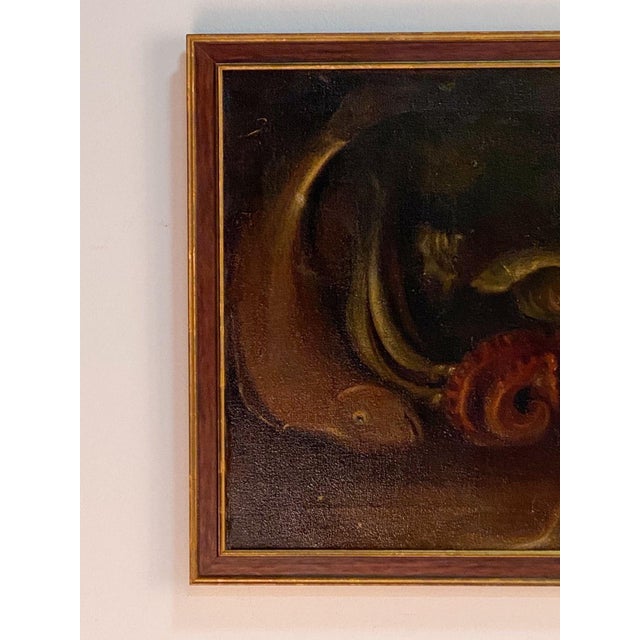 This oil painting presents a dramatic arrangement of sea creatures rendered in rich, darkened tones that draw the eye to...