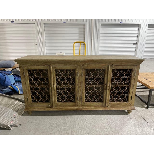 Green Brown Washed Four-Door Console with Metal Decorative Doors, 21st Century. Lots of storage