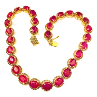Bochic "Capri" Vintage Ruby & Diamond Necklace & Earring Set 18K Gold & Silver For Sale